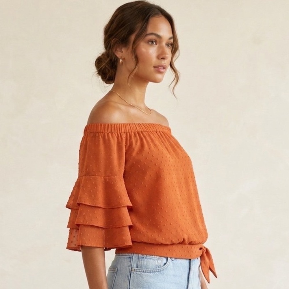 CeCe Orange Clip Dot Off The Shoulder Ruffle Sleeve Tie Hem Blouse‎ XL Womens